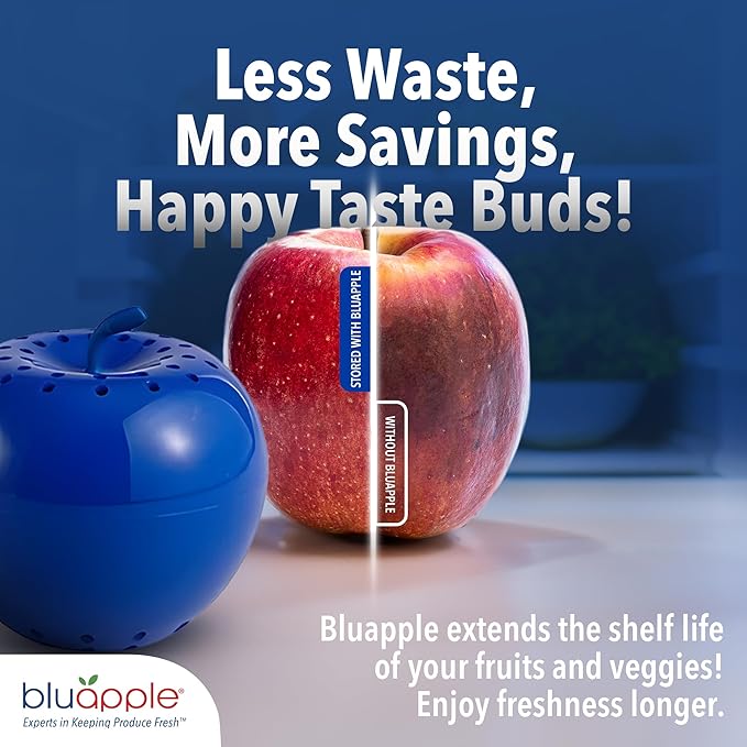 Bluapple Ethylene Gas Absorber Produce Saver Combo Pack - Keeps Fruits & Veggies Fresh in Refrigerator, Lasts up to 3 Months, 8 Packets and 2 Bluapples for 1 Year, Produce Storage, BPA Free, USA Made