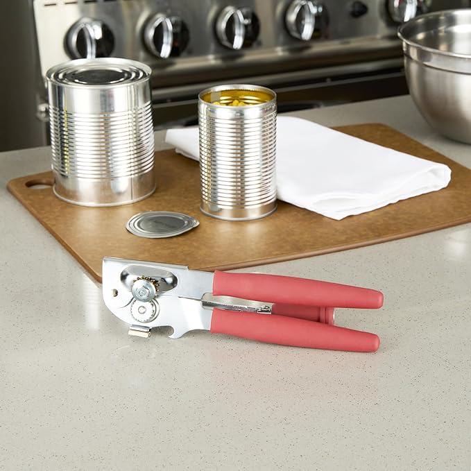 Restaurantware Stainless Steel Magnetic Manual Can Opener - German Standard Red Crank Can Opener with Magnet, Ergonomic Handles, Non-Slip - Heavy-Duty Hand Can Opener, Easy Turn, Sharp Blade