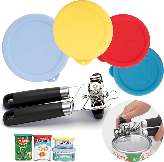5 PCs Practical Canning Lid Set — 1 Pack Magnetic Can Opener Bundle with 4 Packs Silicone Can Lids, Fit 3.0''|3.2''|3.5''|4.0'' Canned Food | Stainless Steel Can Opener Manual | Holiday Kitchen Set