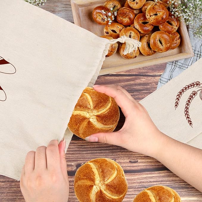 Augshy 4 Packs Linen Bread Bags for Homemade Bread, Unbleached, Reusable Bread Storage Bakery & Baguette