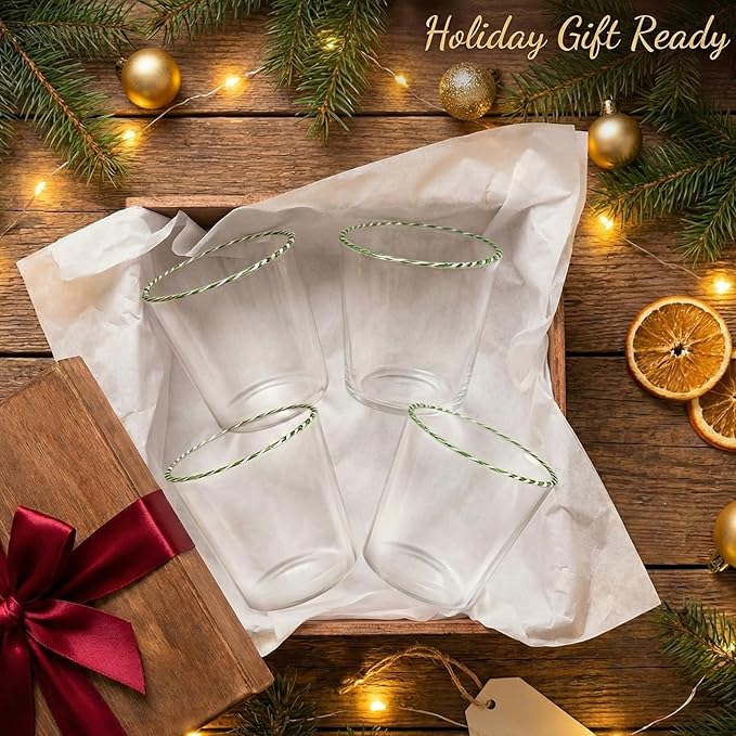 Gusto Buono Holiday Drinking Glasses — Set of 4 13oz Old Fashioned Glass, Borosilicate Glass Tumbler Vintage Glassware with Candy Cane Design