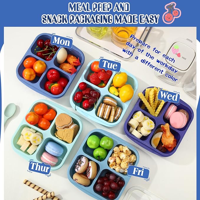 Honeydak 5 Pack Snack Containers 4 Compartment Bento Snack Boxes Reusable Lunchable Containers with Lids Divided Meal Prep Lunch Food Storage Box for School Work Travel(Blue Ombre,Equal)