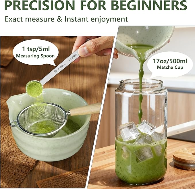 Matcha Whisk Set, 9 Pcs Ceramic Matcha Kit Includes Bowl & Bamboo Whisk & Holder, Matcha Cup & Measuring Spoon, Tea Set Gift for Matcha Lovers Beginners (Pea Green)