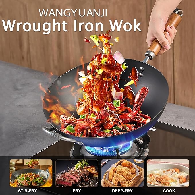 WANGYUANJI Iron Wok,12.59 inch Woks for Stir-fry, Chinese Stir Fry Pan Uncoated, Traditional Flat Bottom Iron Pot for Induction, Electric, Gas, Suitable for All Stoves(Pure Iron Wok)