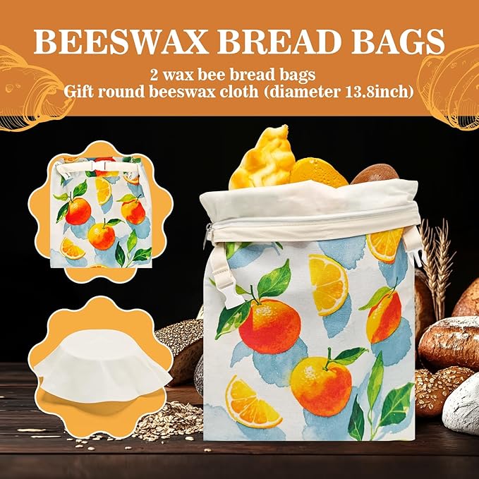 Beeswax Bread Bags for Sourdough 2 Pack 13"x17" Eco-Friendly Reusable Linen Cotton Storage Bags with Zipper Closure for Homemade Bread Fresh-Keeping, Freezer-Safe (Orange)