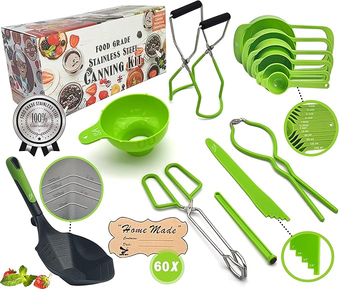 Supa Ant Canning Supplies - US Assembled Certified Food Grade Stainless Steel Canning Kit with XL Ladle, Wide Kitchen Funnel, Jar Lifter and Wrench, Bubble Popper/Measurer, Lid Lifter, Kitchen Tongs
