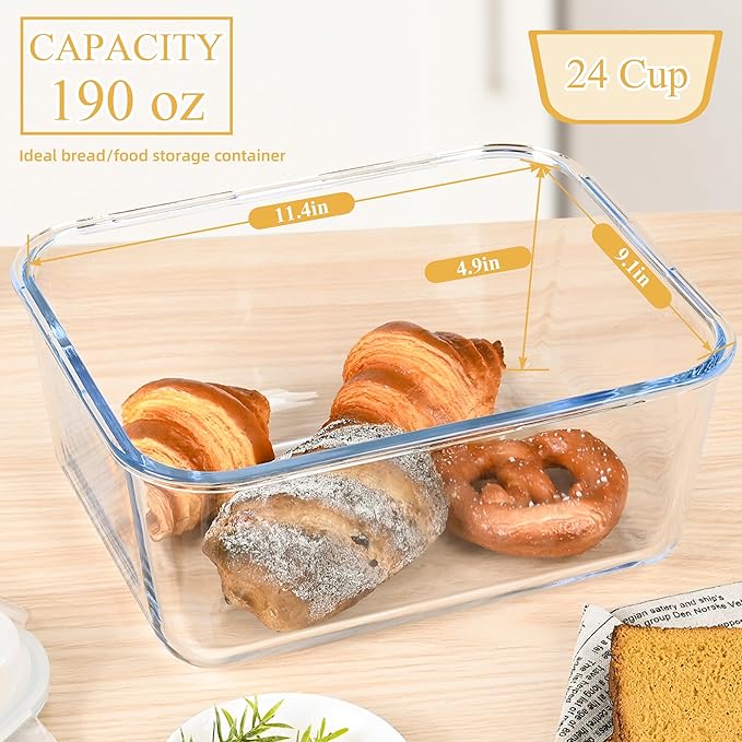 190oz / 24Cup Extra Large Glass Storage Containers with Lids, Glass Bread Box Airtight Bread Container, Ideal Food Storage Containers, Roasting Turkey/Chicken/Cookie, Oven&Dishwasher Safe