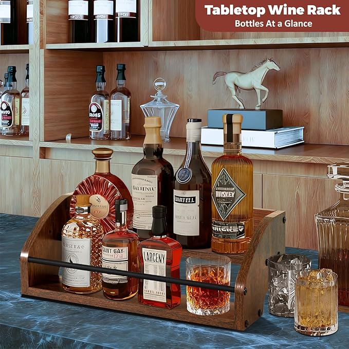 Wooden Countertop Organizer- Liquor Bottle Display Shelf, Coffee Syrup Rack Organizer, Spice Rack, Liquor Cabinet – Small Counter Storage, Stepped Pantry Shelf for Seasonings, Tea, Spice (Brown)