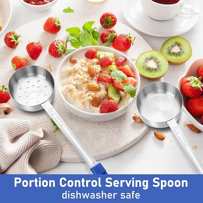 2 Pcs Portion Control Serving Spoons, Restaurant Measuring Serving Ladle Utensils, Portion Spoons for Weight Loss, Kitchen(Blue,8 oz,Solid and Slotted)