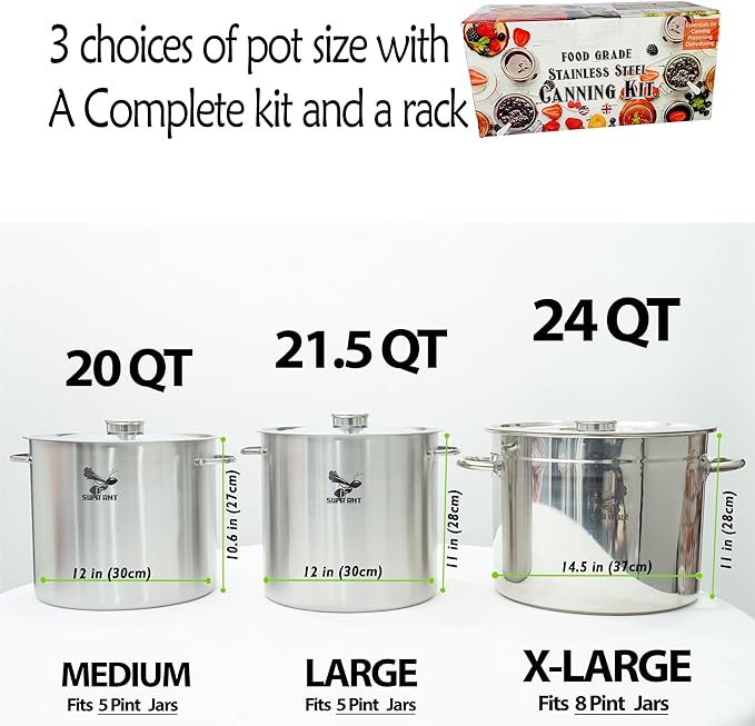 Supa Ant 20 Qt. Stainless Steel Water Bath Canning Pot with Canning Supplies Starter Kit - Food Grade Canning Ladle, Measuring Cups,Funnel,Tongs,Jar Lifter& Wrench,Lid Lifter,Bubble Popper, 90x Labels