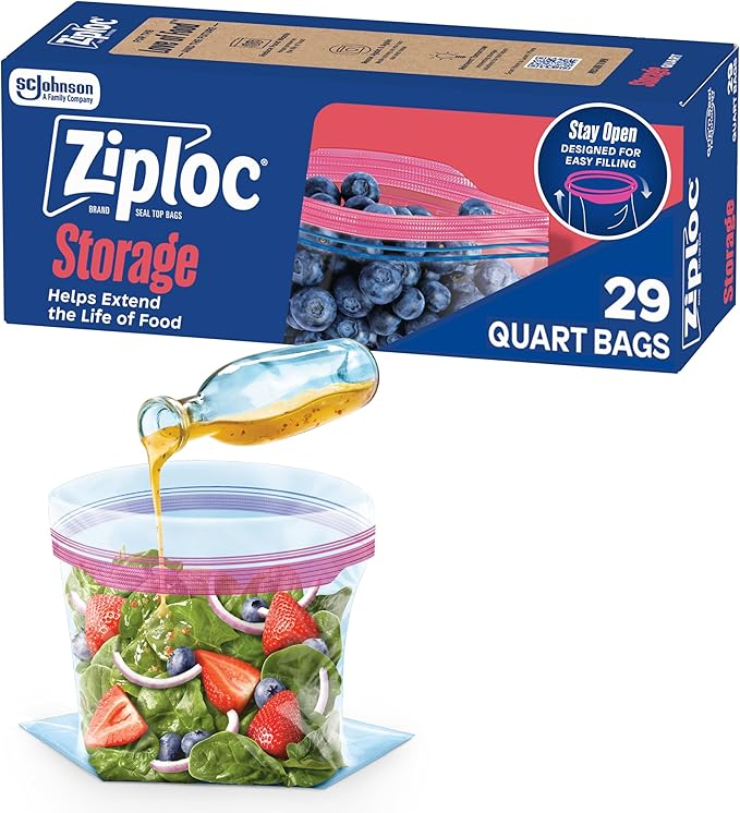 Ziploc Quart Food Storage Bags, Stand-Up Bottom, Easy to Fill, 29 Count (Packaging May Vary)