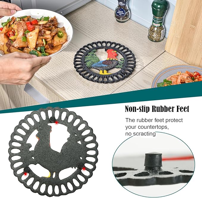 Sungmor Heavy Duty Cast Iron Trivet,Decorative Painting Trivet for Kitchen or Dinning Table,7.5x7.5 Inch - Round with Vintage Lovely Cock Pattern