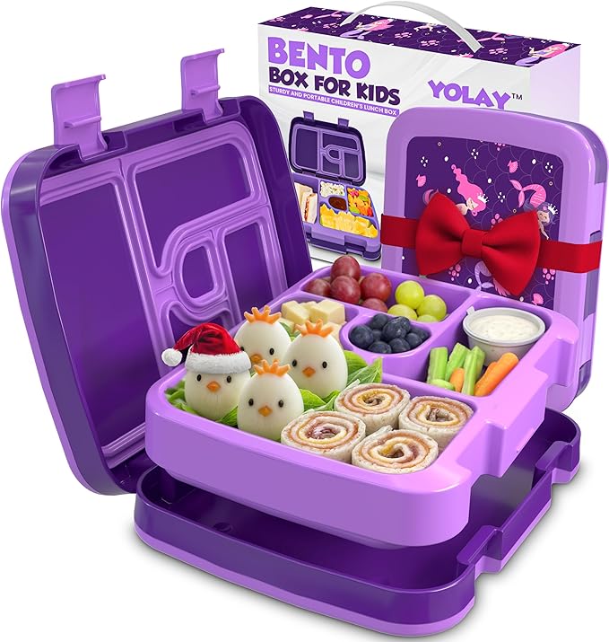 YOLAY Bento Box for Kids Lunch Box Leak-Proof, 5-Compartment Lunch Box Kids for Ages 3-10, Durable with Anti-Slip Base, Suitable for Schools, Outdoor and Travel (Mermaid)