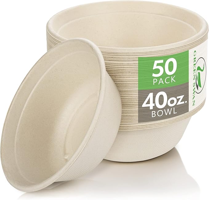 Green Swan Disposable Paper Bowls, 40 Oz [50 Pack] Large Bowl-100% Compostable, Biodegradable, Eco-Friendly Natural Colour Bowls - Convenient for Daily Use for Salad, Hot Soup, and Pasta
