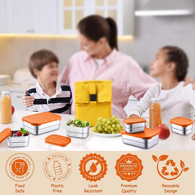 Homikit 3 Pack Kids Lunch Box Set, 18/10 Stainless Steel Bento Boxes with Silicone Lids Leak Proof, 5 Cups Reusable Metal Food Snack Containers for School Daycare, Nontoxic & Dishwasher Safe, Orange