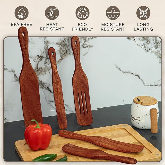 Wooden Spurtle Set – 5 Pcs Acacia Spurtle Spatula for Cooking - Natural Surtle Kitchen Tools for Nonstick Cookware, Salad Mixing, Serving & Stirring