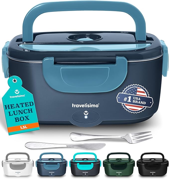 TRAVELISIMO Electric Lunch Box for Adults 80W Heated Lunch Box For Men 1.5L Stainless Steel Portable Food Warmer, 12/24/110V Electric Food Warmers for Travel & Work, Loncheras Para Hombres de Trabajo