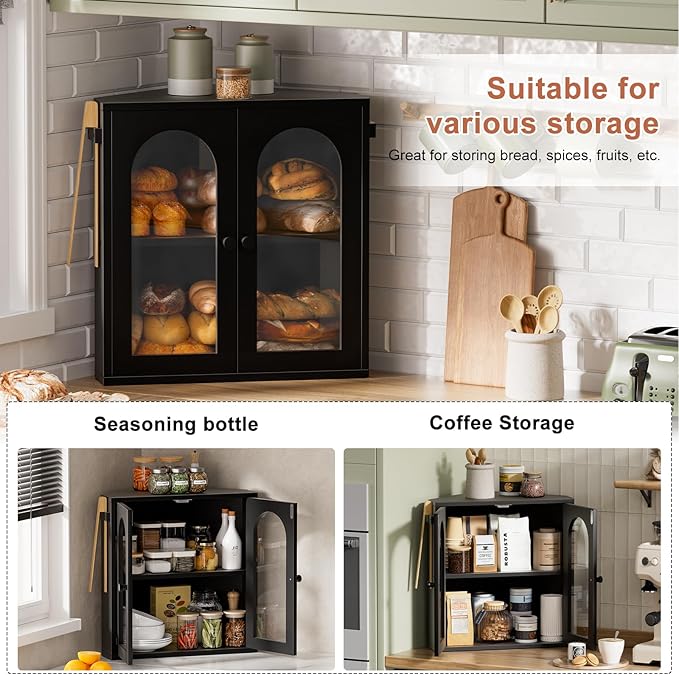 WOWLIVE Corner Bread Box for Kitchen Countertop, 2 Tier Bamboo Bread Storage Container for Homemade Bread with Clear Acrylic Door Panel, Bread Bin Farmhouse Breadbox Organizer (Black, Extra Large)