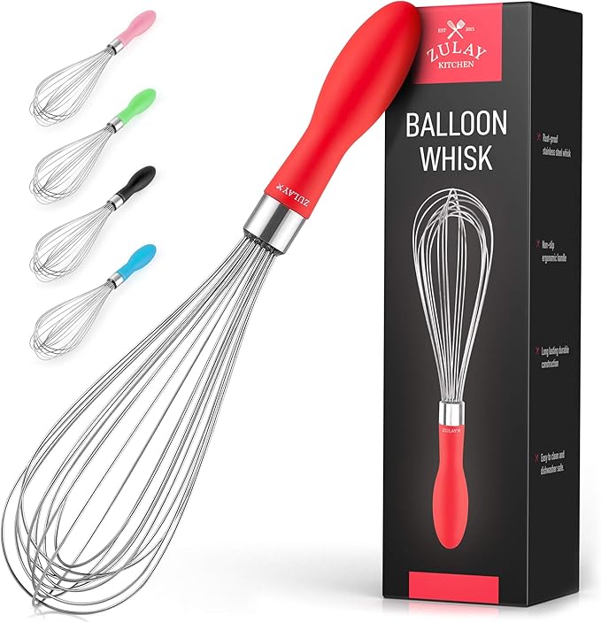 Zulay Kitchen Stainless Steel Balloon Whisk 12 Inch – Heavy Duty and Durable Wire Whisk with Non-Slip Silicone Handle for Blending, Whipping & Beating - Red