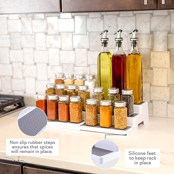 Oizeir 3–Tier Expandable Plastic Spice Rack - Adjustable Length, Stability with Non-Skid Shelf, Three Tiers for Easy Visibility, Organizer for Kitchen Cabinet, Pantry or Countertop, White/Grey