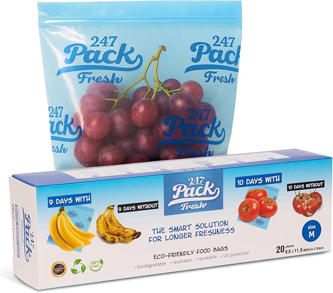 Freshpack 247 Zipper Bag, Size M 10×12 inches (1.05 gallon) – Reusable Food Storage Bags, & Bags, Helps Keep Food Fresh up to 3× Longer – Biodegradable, BPA-Free, UV-Shielded, Washable, SGS Tested