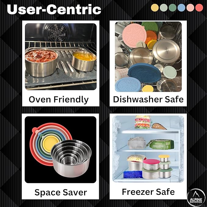 12 Pcs - 6 Stainless Steel Containers + 6 Silicone Lids | 304 Stainless Steel Snack Container | Nesting Snack and Dip Containers | Metal Food Storage