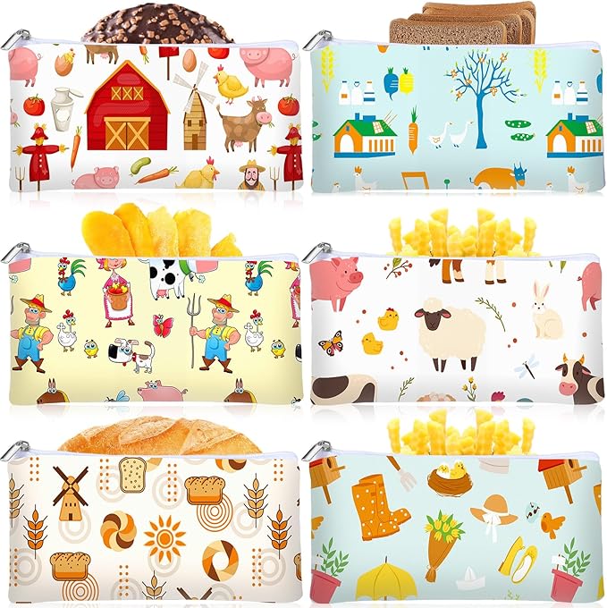 Chumia 6 Pcs Reusable Snack Bags Christmas Gifts Food Safety Washable Snack Bags Lunch with Zipper Portable Sandwich Bag Food Storage Pouch Double Layer (Farm,6.9 x 3.7 Inches)
