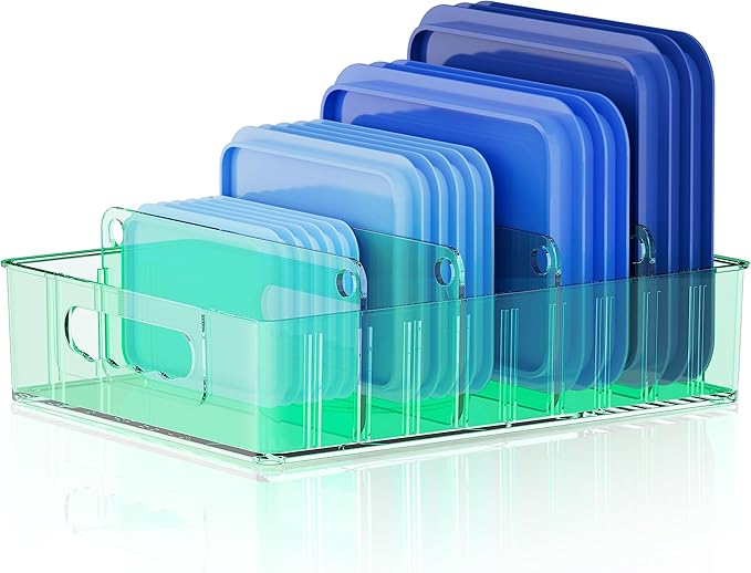 LYNG Lid Organizers Inside Cabinet, Clear Plastic Storage Lid Organizer With 4 Adjustable Dividers, Food Container Lid Organizer For Kitchen Pantry Green