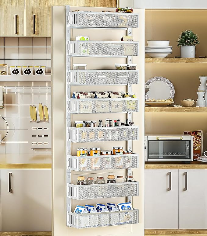 8-Tier Over The Door Pantry Organizer with Mesh Baskets, Adjustable & Stable Hanging Spice Rack for Kitchen, Bathroom, Bedroom, and Baby Essentials Storage (16" W 8-Tiers, White)