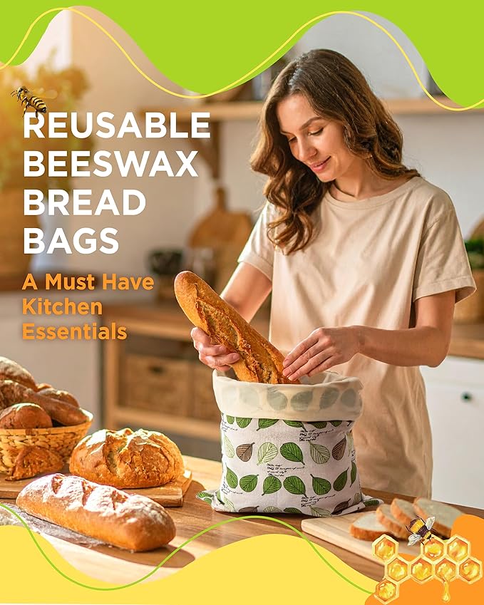 Beeswax Bread Bags for Homemade Sourdough, Sourdough Bread Bag with Zipper, 2 Pack Cotton Large Airtight Food Storage Bags to Keep Fresh