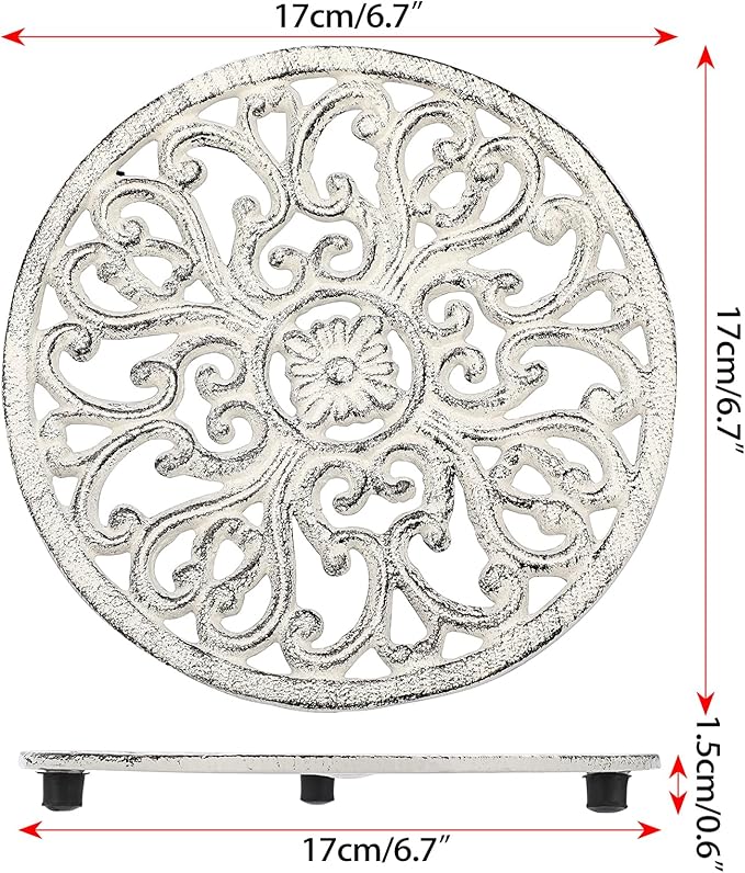 Sumnacon Cast Iron Trivet Retro White 6.7 Inch Iron Trivets with Rubber Feets for Hot Dish Pot Pan Plate Teapot,Heat Resistant Cast Iron Trivet for Kitchen Dining Table Cooktop Stove