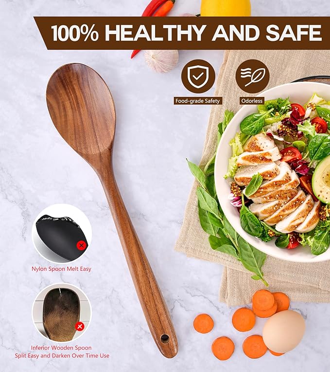 Wooden Spoons for Cooking, Natural Premium Teak Wooden Spoons, Good Grip Large Cooking Spoons and Wooden Spatula, Heat Resistant Wooden Cooking Utensils for Nonstick Cookware Serving, Perfect Gifts