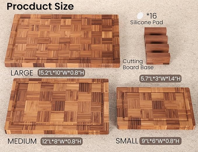 Bamboo Cutting Boards for Kitchen,Chopping Boards Set with Juice Groove,End Grain Bamboo Butcher Block,Serving Board with Holder(3 Pcs)