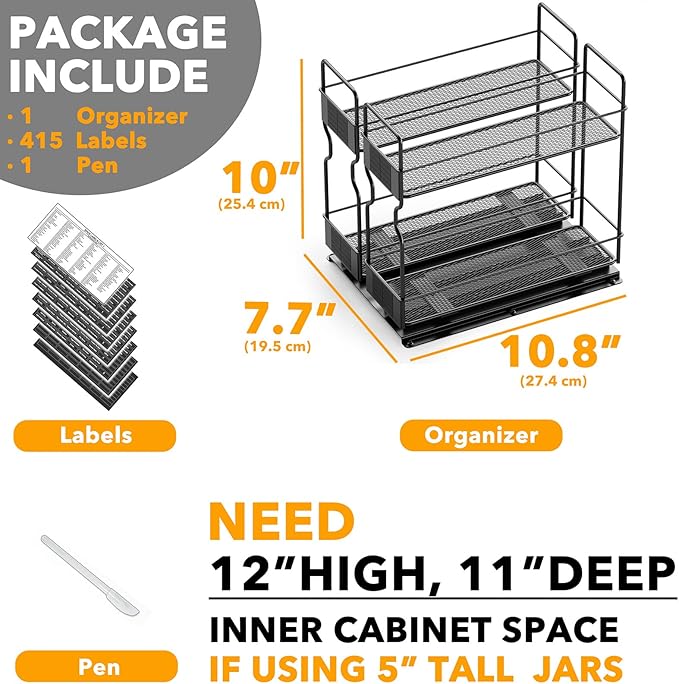 SpaceAid Pull Out Spice Rack Organizer for Cabinet, Heavy Duty Slide Out Seasoning Kitchen Organizer, Cabinet Organizer, with Labels, 7.7" W x10.75 D x10 H, 2 Drawers 2-Tier