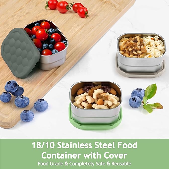 Homikit 3 Pack Snack Containers for Kids, 18/10 Stainless Steel Toddler Lunch Box with Silicone Lids, Reusable Bento Food Container Set for School Daycare, Nontoxic & Leak Proof, Green/Khaki/Gray