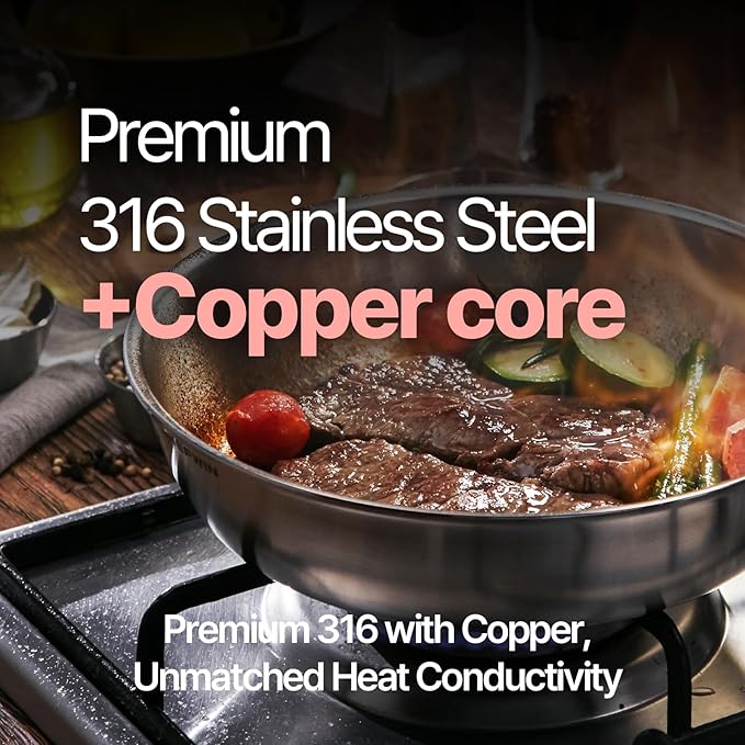 10.2 Inch Skillet Frying Pan 316 Stainless Steel Copper core 5-Ply Induction compatible Dishwasher & Oven Safe