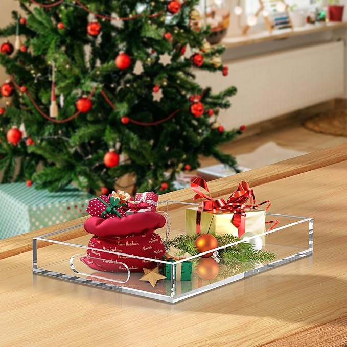 2 Pack Clear Serving Trays with Handle 11X11 -Lucite Acrylic Tray Set for Serving Food- 6mm Thick Small Stackable Bathroom Organizer-(11x11X2.4,10.2x10.2X2.4)