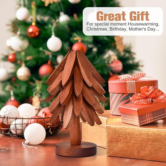 Christmas Tree Coasters - Wooden Trivets for Hot Dishes, Tree Shape Set - 5 Walnut Wood Trivets + 1 Stand (8.8 Inches)