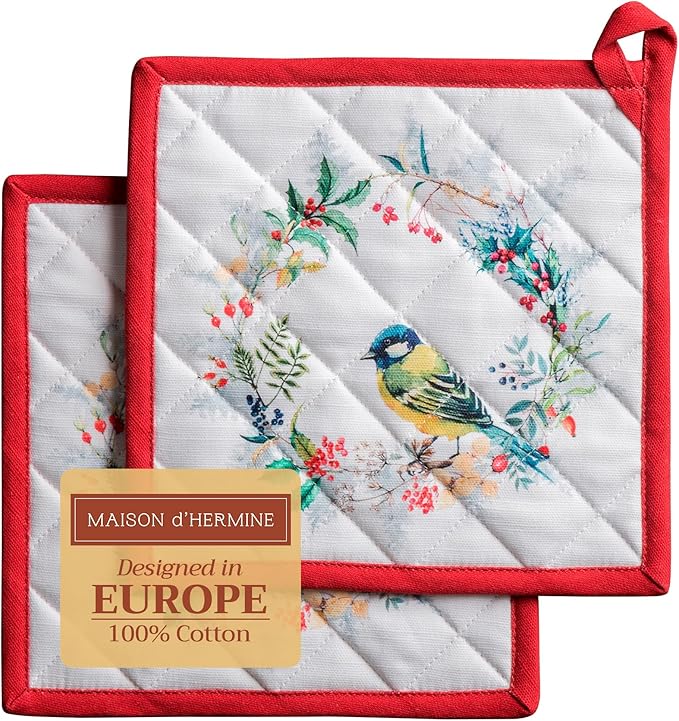 Maison d' Hermine Pot Holders Set 100% Cotton Heat Resistant Potholders 8" x 8" Hot Pads with Loop for Thanksgiving Christmas Decorations BBQ Cooking Baking Handling Hot Pans (Pack of 2, Morzine)