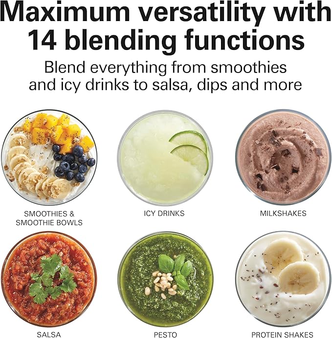 Hamilton Beach Wave Crusher Blender for Smoothies With 40 Oz Glass Jar and 14 Functions, Ice Sabre Blades & 700 Watts for Consistently Smooth Results, Black & Stainless Steel (54220)