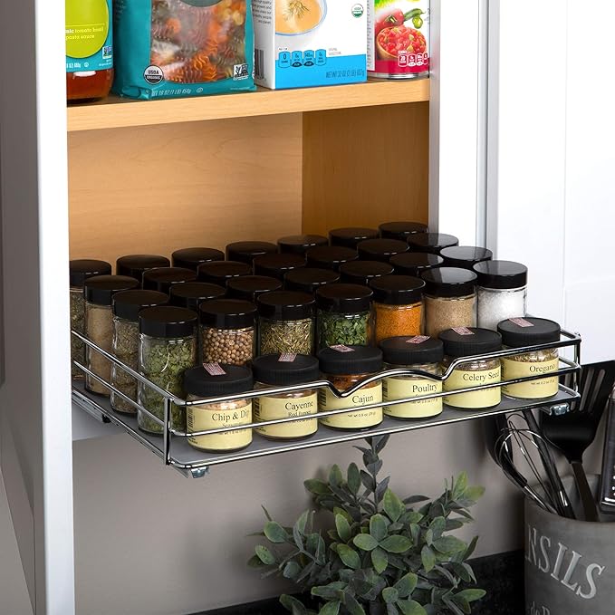 Pull Out Cabinet Organizer for Spices, Cans - Heavy Duty with Lifetime Limited Warranty- Pull Out Spice Rack- Cabinet Pull Out Shelf for Cans,Dishes, Etc, 14-3/8"Wx 10-1/2"D x 2-3/4” H, Chrome