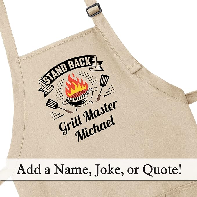 Personalized Medium Length Cooking & Grill Apron – Stand Back Design with Custom Text (1-2 Lines)
