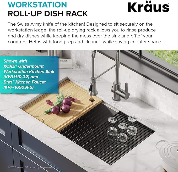 Kraus Multipurpose Workstation Sink Roll-Up Dish Drying Rack, Colander and Trivet in Light Grey, KRM-11LG