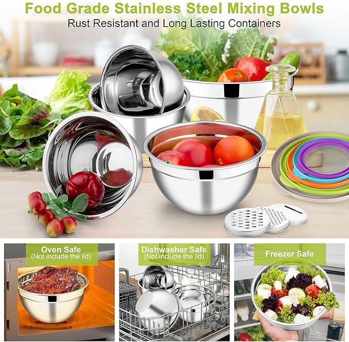 E-far Mixing Bowls with Lids Set of 5, Stainless Steel Salad Mixing Bowl with Transparent Lid, Metal Nesting Storage with 3 Graters for Kitchen Prepping/Serving/Baking, 4.6/2.6/1.5/1/0.7 QT - Colorful