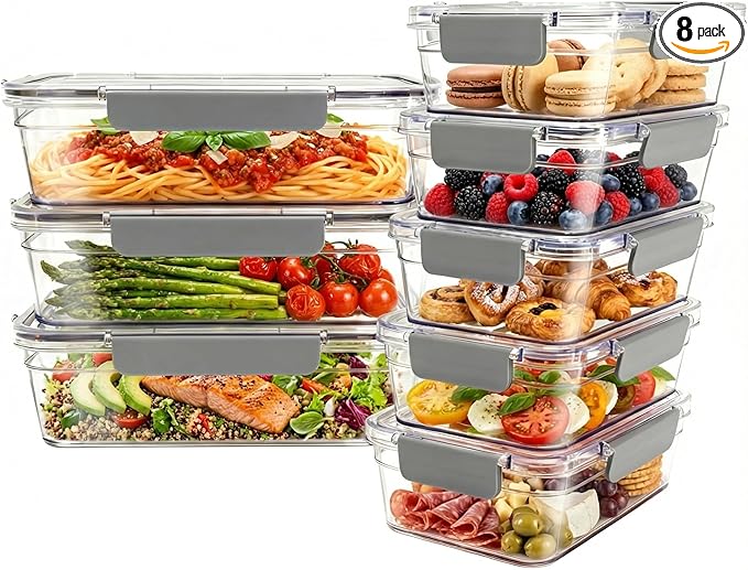 Tritan Plastic Food Storage Containers, Airtight Tritan Plastic Locking for Fridge Freezer, Meal Prep, Deli Meat, Snacks, 8 Containers with Lids, 16 pieces, Clear