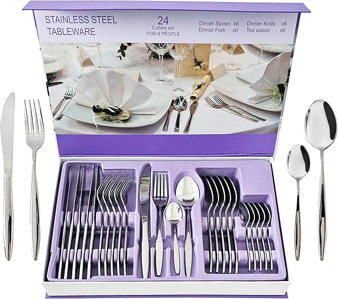24-Piece Stainless Steel Silverware Set for 6, Stylish New Home Essential Kitchen Spoon and Fork Set, Mirror-Finish Sliver Flatware Cutlery Set for Home and Restaurant, Great Gift for Family & Friends