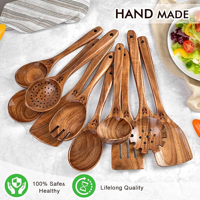 Wooden Spoons for Cooking, 10 Pcs Natural Teak Wood Kitchen Utensils Set, Comfortable Grip Wooden Utensil Set for Nonstick Pans & Cookware, Heat Resistant Wooden Spoons Wooden Spatulas Set