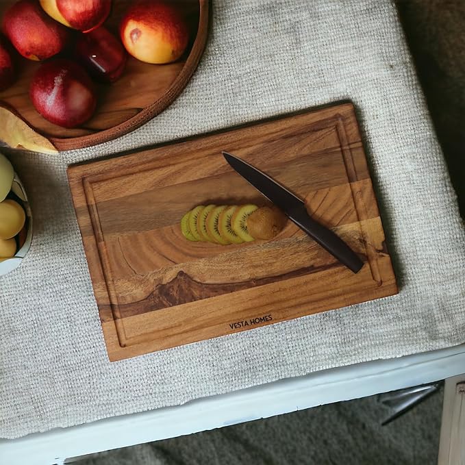 Vesta Homes Wooden Edge Grain Cutting Board/Chopping, Serving Board/Block for Vegetables, Fruits, Cheese and Charcuterie | Natural Acacia Wood | 15 * 10 * 1 Inches | Handcrafted in India
