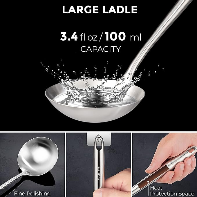 YOSUKATA Silver Round Bottom Wok Pan – 14" Woks and Stir Fry Pans + 17’’ Wok Spatula and Ladle - Set of 2 Heat-Resistant Wok Tools - Universal Wok Ladle Flat Bottom Pow Wok