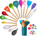 E-far Colorful Silicone Kitchen Utensils Set with Holder, 25-Piece Cooking Utensil Set with Wooden Handle for Nonstick Cookware, 446°F Heat Resistant Kitchen Tool Spatulas, Non-toxic & Healthy